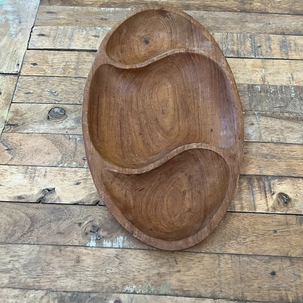 Vintage Hand-Carved Wooden Serving Tray Three Compartments 14 in